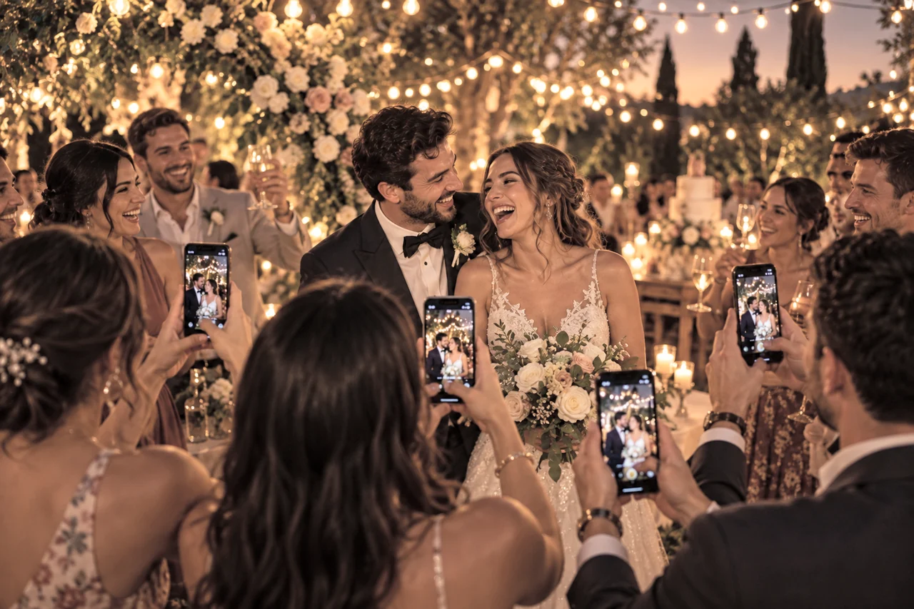 Des invités utilisent leur téléphone pour partager des souvenirs — Mariage